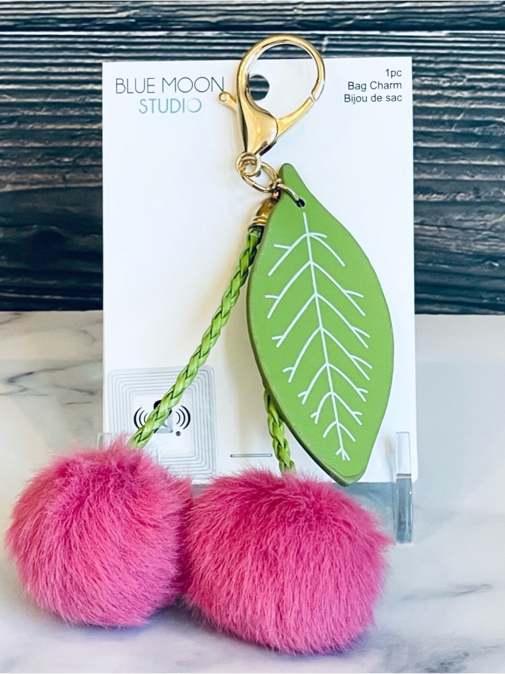 Fuzzy Cherry Pom Pom Bag Charm | Keychain Pink Faux Fur Accessory NWT